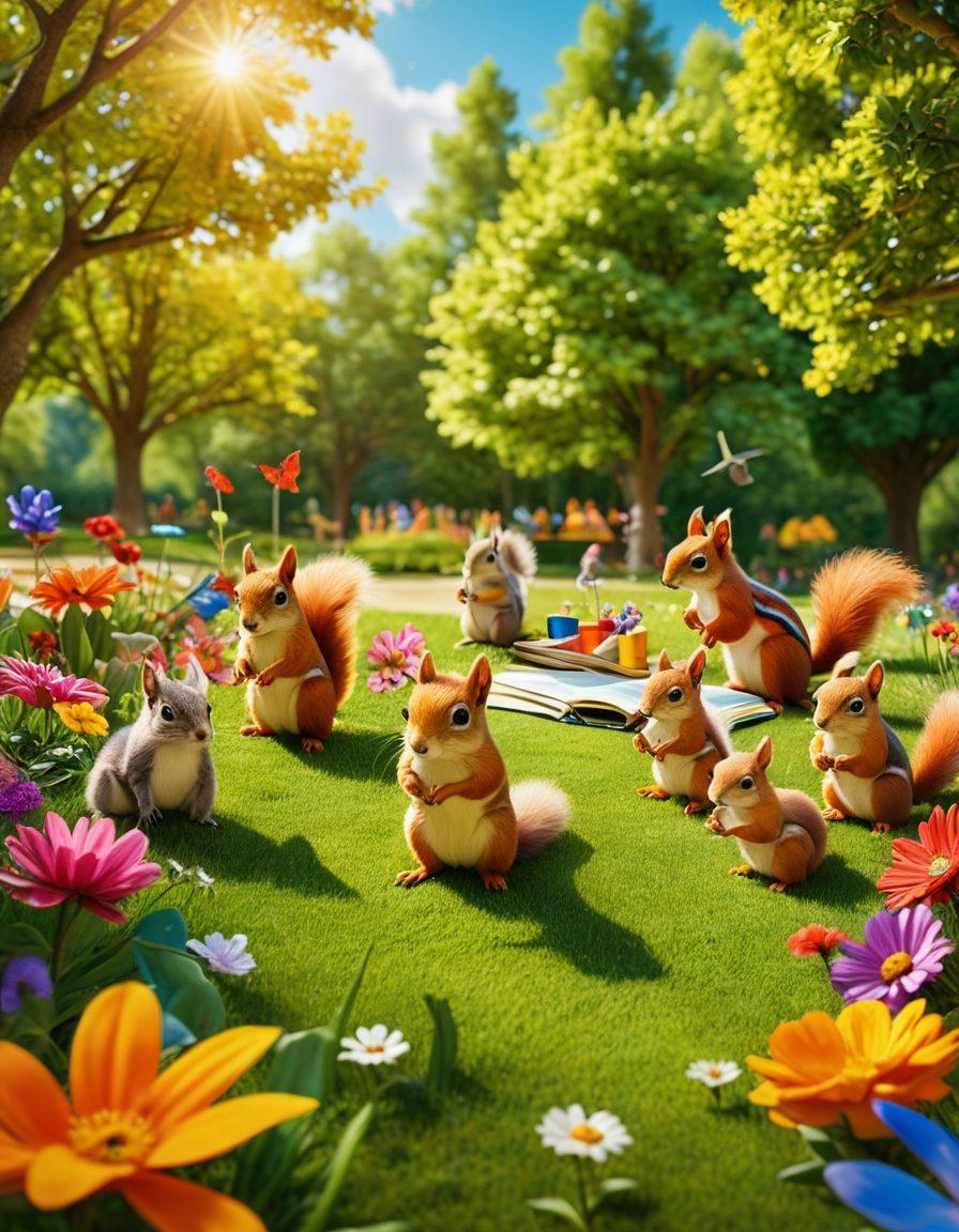 A vibrant family scene in a sunny park, illustrating children engaged in imaginative play and educational activities with their parents. Include colorful art supplies, books, and games, surrounded by blooming flowers and playful animals, showcasing the joy of learning and creativity. Whimsical and cheerful atmosphere. super-realistic. vibrant colors. 3D.