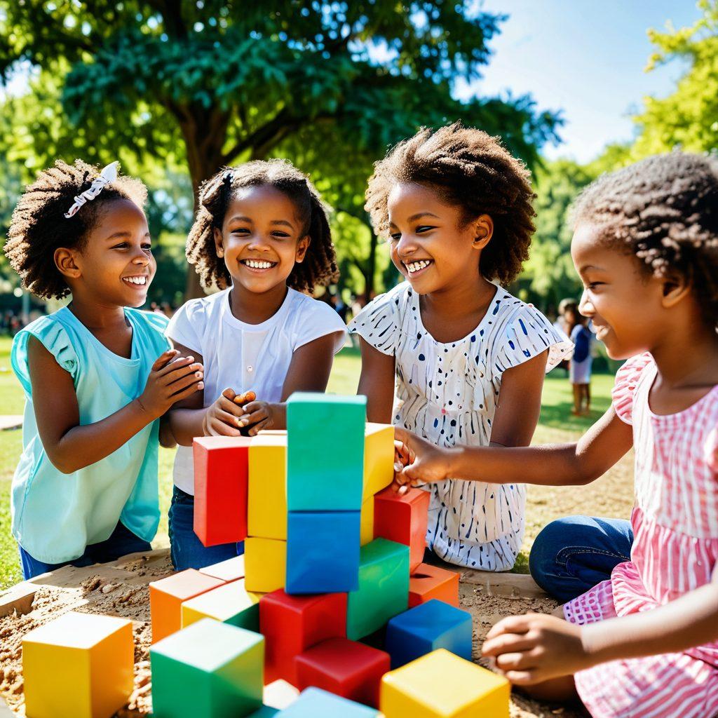 A heartwarming scene depicting children of diverse backgrounds engaging in cooperative play activities like building blocks and painting together, showcasing expressions of joy and teamwork. In the background, parents and educators facilitate the activities, fostering connections. Bright colors, a sunny park setting, playful elements like kites and swings enhance the atmosphere. super-realistic. vibrant colors. bright background.